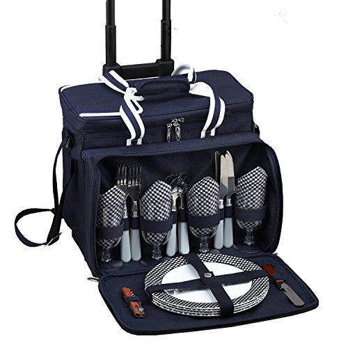 Picnic at Ascot Original Insulated Picnic Cooler with Service for 4 on Wheels-Designed & Assembled in the USA