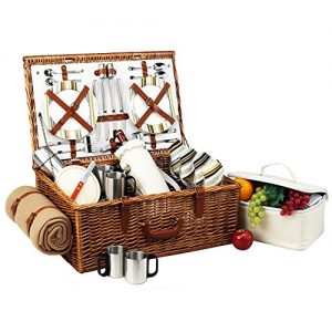 Picnic at Ascot Dorset English-Style Willow Picnic Basket with Service for 4, Coffee Set and Blanket - Santa Cruz