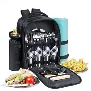 One Savvy Girl Picnic Backpack for 4 with Premium Stainless Steel Tableware - Complete 4 Person Picnic Basket Set w/Blanket, Insulated Food Cooler Bag, Wine Opener, Cheese Board, Napkins & More