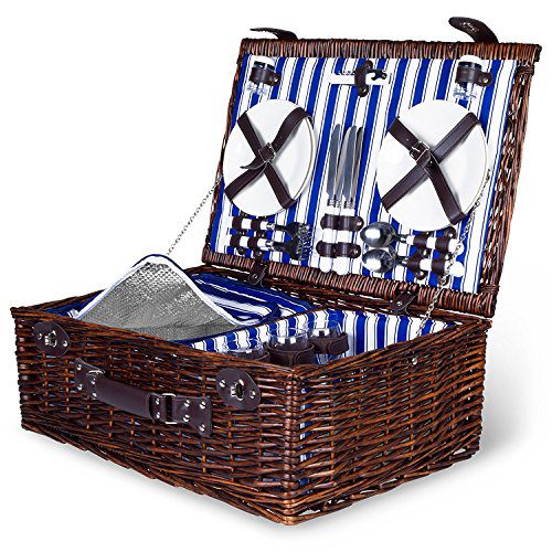 4 Person Wicker Picnic Basket | Deluxe Woven Willow Vintage Picnic Baskets |Extra-Large 22 X 15 - Porcelain Plates, Real Glass Wine Glasses, Stainless Steel Silverware, Opener - Free Cold Storage Bag