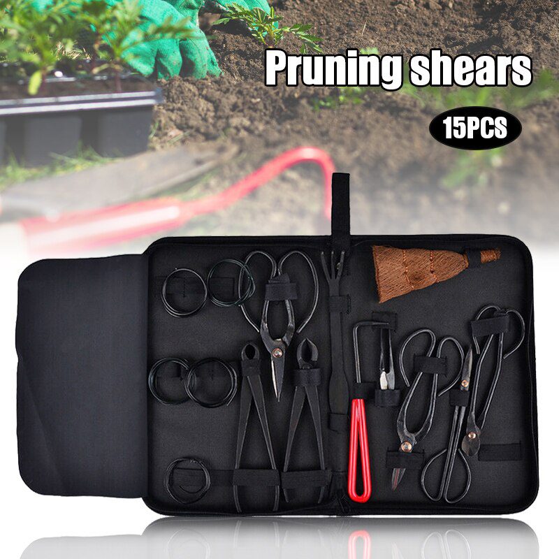 Bonsai all you need tools 15pcs Carbon and case Backyard Bonsai Device Set 15pcs Carbon Metal Package Cutter Scissors With Nylon Case Out of doors Shackle for Tenting 