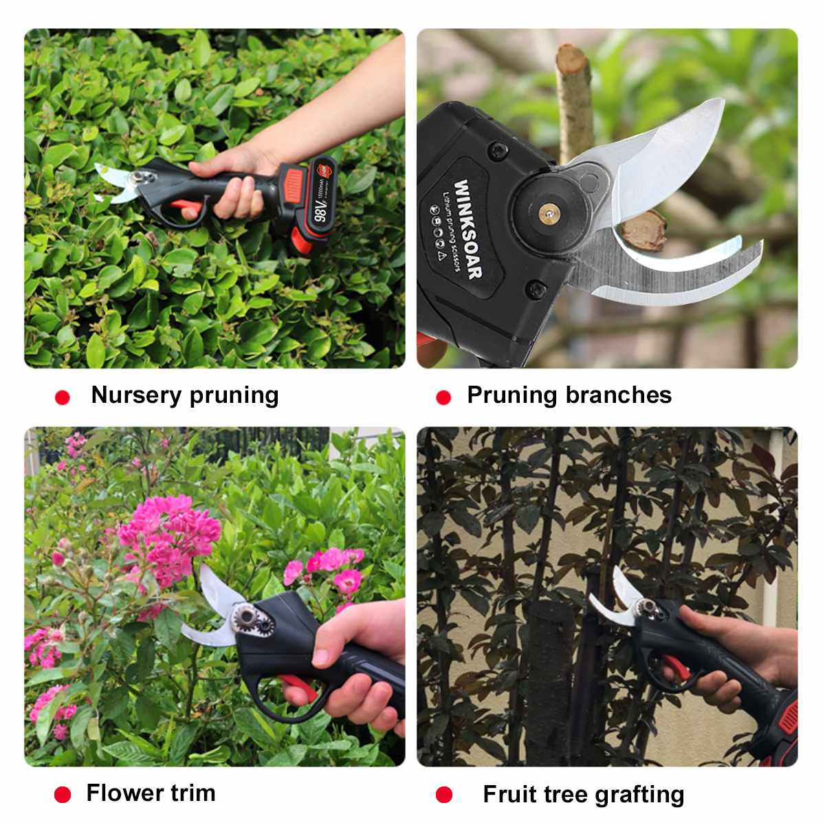 PowerTrim 98V Cordless Pruner - Your Ultimate Landscaping Companion Unleash Efficiency: The PowerTrim 98V Cordless Pruner is a game-changer for anyone looking to conquer landscaping tasks effortlessly. With a powerful 98V motor, it effortlessly trims and prunes branches, making it ideal for fruit orchards, vineyards, and more. Precision Cutting: Featuring a sharp, steel blade, this pruner ensures precise and clean cuts. It can tackle branches with a maximum diameter of 3cm (1.18 inches), providing you with the precision needed for effective pruning. Don't compromise on the quality and efficiency of your landscaping tools. The PowerTrim 98V Cordless Pruner is here to make your pruning tasks easier, faster, and more enjoyable.